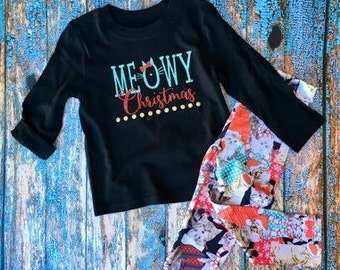 SALE! Ready to ship!! Christmas Outfit, Meowy Christmas, Toddler Girls, Glitter, Christmas Shirt & Leggings, 3T, 4T, 5T, Fun Cat Lover