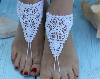 Bruids blote voeten sandalen, witte gehaakte blote voeten sandalen, bruids voet sieraden, strand bruiloft blote voeten sandalen, Lace schoenen, strand bruiloft sandalen