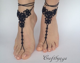 Barefoot sandals,Black barefoot sandals,Crochet sandals,Bridal foot jewelry,Beach wedding barefoot sandals,Bellydance Bridesmaind gift