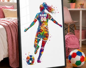 Personalized Soccer Player Girl Watercolor Print, Female Football Gift-3054
