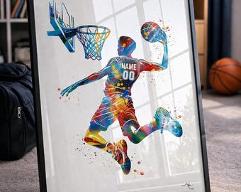 Personalized Basketball Player Watercolor Print, Teen Room Decor-2846