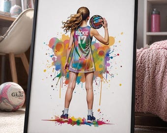 Personalized Netball Player Girl Watercolor Print, Team Gift-3027