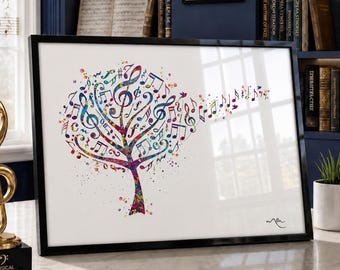 Music Notes Tree Watercolor Art Print, Treble Clef Gift-138