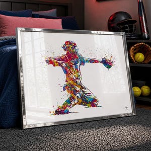 May include: A framed watercolor print of a baseball catcher in action, rendered in a vibrant array of colors. The artwork is set against a white background and framed in silver. The room features baseball-themed decor, including a neon sign and baseball equipment.
