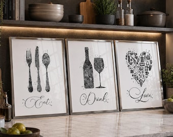 Eat Drink Love Kitchen プリント、グレー水彩画（3枚セット）-2098