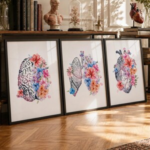Anatomical Floral Watercolor Prints: Brain, Heart, Lungs - Set of 3-2340