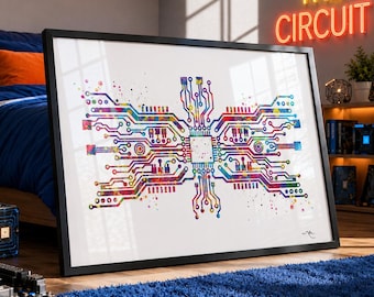 Watercolor Circuit Board Art Print, Modern Tech Wall Decor-1754
