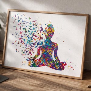 Yoga Art Print, Sukhasana Pose, Colorful Watercolor Birds-899