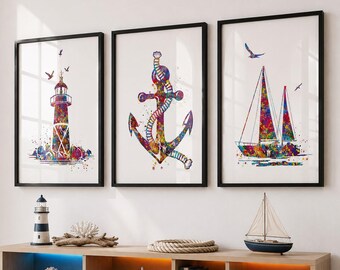 Watercolor Nautical Print Set: Coastal Lighthouse, Sailboat, Anchor-1660