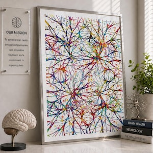 May include: A framed print with a colourful abstract design of neural networks. The artwork is in a silver frame and is displayed with a brain model, books on brain health, and a sign that reads "OUR MISSION". The print features a vibrant mix of colours.