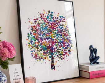Colorful Tree Watercolor Print, Nature Wall Art Decor-181