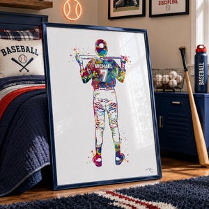 Personalized Baseball Player Male Watercolor Print: Man Cave Decor