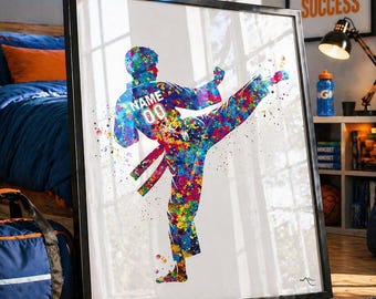 Personalized Martial Arts Watercolor Print, Karate, Taekwondo, Judo, Man Cave Art-2954