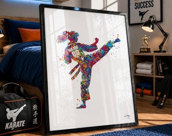 Personalized Martial Arts Girl Watercolor Print, Karate Taekwondo Judo-2884