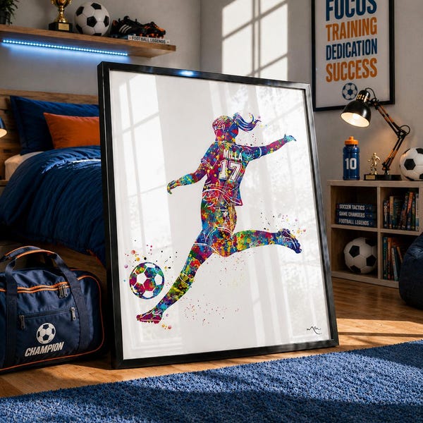 Personalized Soccer Player Watercolor Print, Female Football Gift-2575