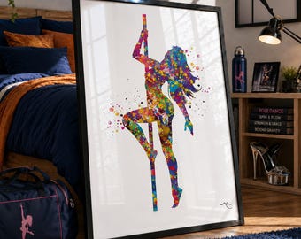 Pole Dancer Watercolor Print - Colorful Dance Studio Art-1307