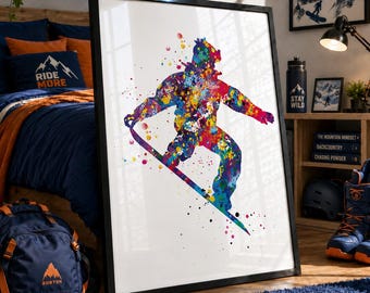 Snowboarder Watercolor Print, Winter Sports Wall Art-682