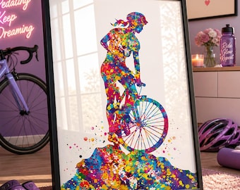 Mountain Biker Girl Watercolor Print, Cycling Wall Art-592