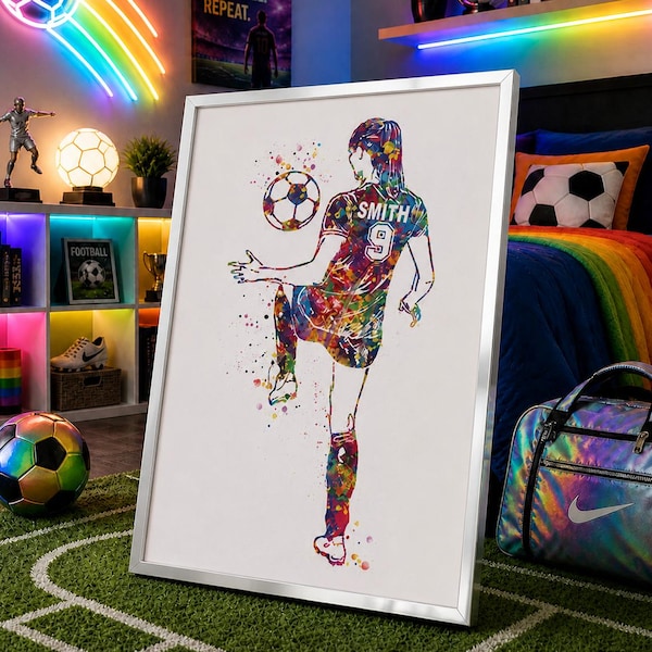 Personalized Soccer Player Watercolor Print, Custom Girl's Gift-2372