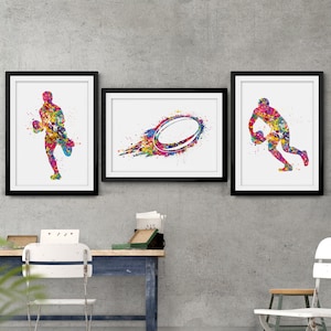Rugby Player Set of 3 Watercolor Print Rugby Player Man Boy Sports Fan Gift Nursery Dorm Room Rugby Ball Poster Wall Art Wall Decor-1700