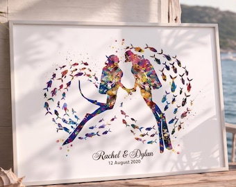 Scuba Diving Couple Watercolor Print: Personalized Wedding Gift Wall Art-2596