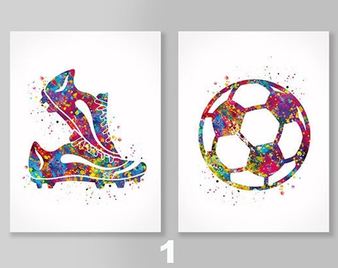 Soccer Shoes and Soccer Ball Print Set Watercolor Print Football Poster Soccer Player Girl Soccer Player Boy Nursery Teen Decor-2554