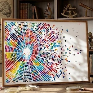 Puede incluir: Una impresión artística enmarcada con un diseño circular colorido que se asemeja a una visualización de datos. La obra de arte presenta un vibrante espectro de colores, incluyendo rojo, amarillo, azul y verde. La impresión se muestra en un marco de madera, con instrumentos científicos y libros en el fondo.