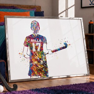 Personalized Field Hockey Player Watercolor Print, Teen Girl Room Decor-2387