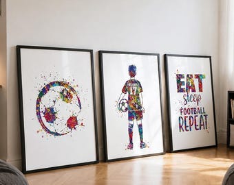 Set di stampe personalizzate di calcio ad acquerello, arte calcistica per ragazzi (set di 3) - 2742