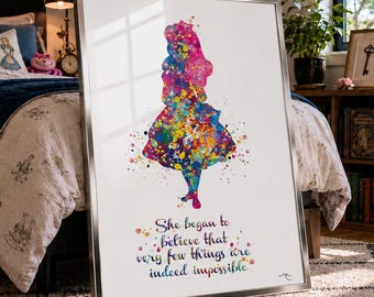 Alice in Wonderland Watercolor Print, Inspirational Quote Art-633