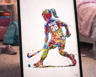 Personalized Field Hockey Girl Watercolor Print, Kids Room Decor-3040