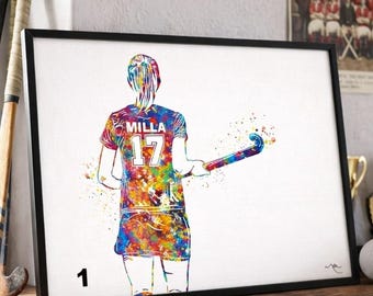 Personalized Field Hockey Player Watercolor Print, Teen Girl Room Decor-2387