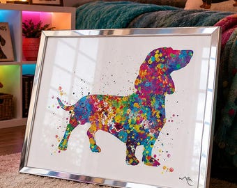 Lámina de perro salchicha en acuarela, arte canino colorido, decoración para el hogar-1221