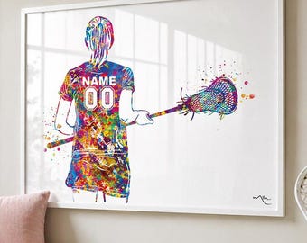 Personalized Lacrosse Girl Watercolor Print, Teen Room Decor-2481