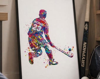 Personalized Field Hockey Player Watercolor Print, Boy's Room Decor-2564