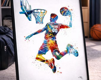 Personalized Basketball Player Watercolor Print, Teen Room Decor-2846