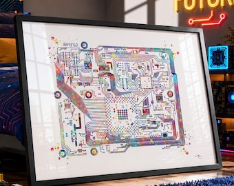 Circuit Board Watercolor Print – Motherboard, Modern Tech Art Poster-1114