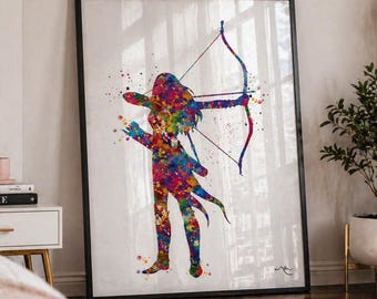 Archer Girl Watercolor Print, Bow and Arrow Wall Art-1757