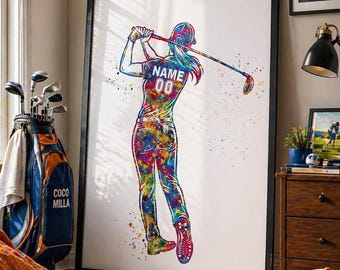 Personalized Golf Girl Watercolor Print, Custom Golfer Poster-3047