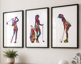 Golf Player Woman Watercolor Print Set of 3, Sports Art-2736