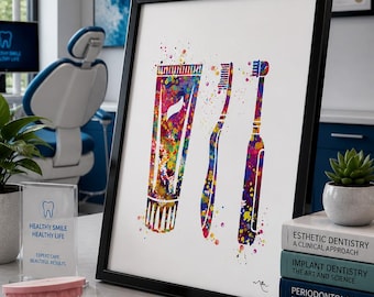 Dental Care Watercolor Print | Toothbrush, Toothpaste Art-691