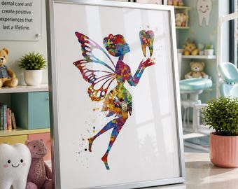 Tooth Fairy Watercolor Art Print, Dental Clinic Decor-720