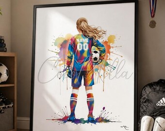 Personalized Soccer Girl Wall Art, Watercolor Kids Room Decor-3017