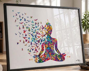Yoga Art Print, Sukhasana Pose, Colorful Watercolor Birds-899