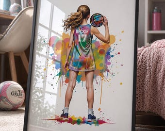 Personalized Netball Player Girl Watercolor Print, Team Gift-3027