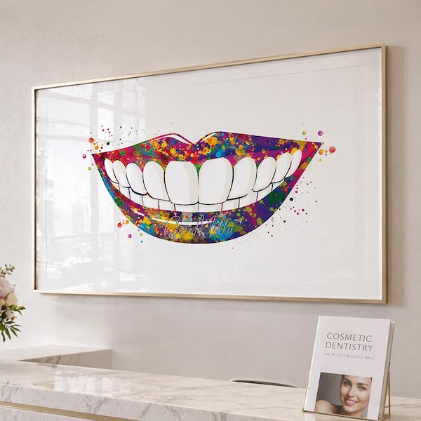Lachende mond tandheelkundige kunstafdruk: aquarel tand kantoor decor-747