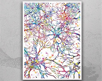 Watercolor Neuron Print, Colorful Neural Network Brain Art-1474