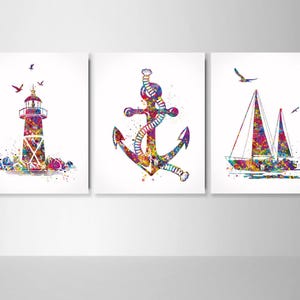 Watercolor Nautical Print Set: Coastal Lighthouse, Sailboat, Anchor-1660