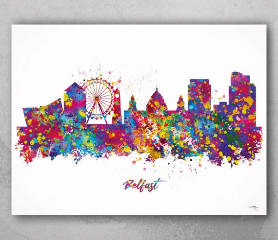 Belfast Skyline Watercolor Art Print, Northern Ireland Cityscape-2107