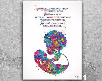 Watercolor Mother and Baby Art Print: Afro American, Nursery Decor-2691